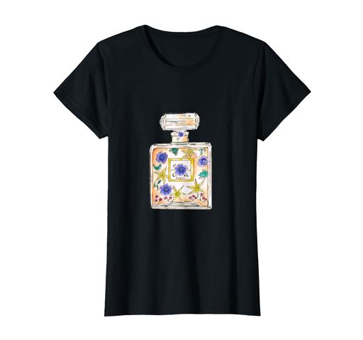 レディースデザイナー香水瓶イラスト花Tシャツ