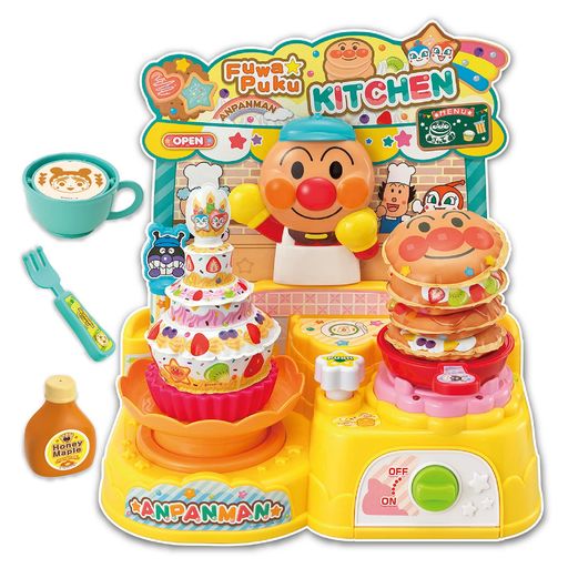 コンロにセットするとケーキがぷくぷくふくらむ不思議なキッチン! コンロが光り、アンパンマンのおしゃべりと「アンパンマンのマーチ」のメロディが流れます。 単3電池3本使用(別売)