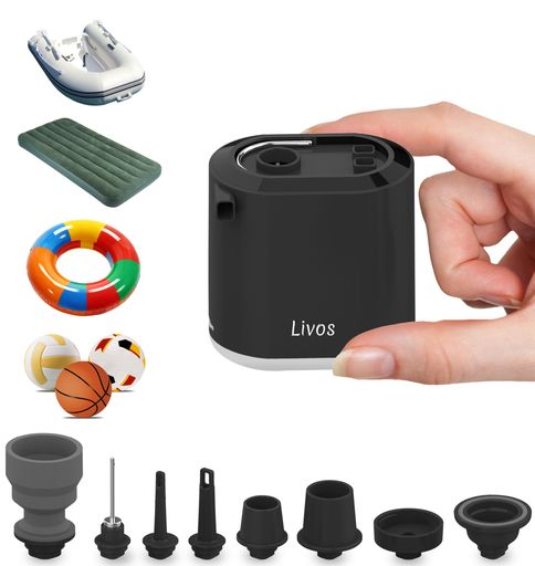 Livos第2世代エアーポンプ急速4.5KPA/吸引-3.5KPA低速100KPA/-65KPA3段階調光LED照明吊り下げ可ボール対応8種ノズルUSB充電式(1360mAh)浮き輪ゴムボートエアベッドソファ真空圧縮袋