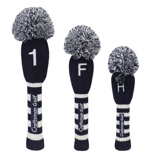 Craftsman(クラフトマン)ゴルフヘッドカバー3点セット番号刺繍(1FH)クラブカバードライバー用・フェアウェイウッド用・ハイブリッド用ニットナンバータグ付けブルーホワイト