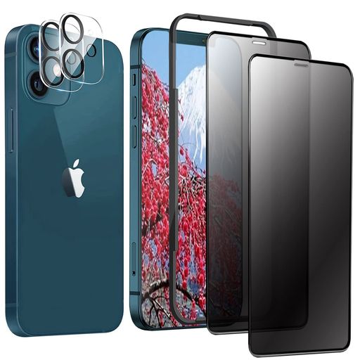 DZHFU【4枚入り28°覗き見防止フィルム】IPHONE12覗き見防止強化ガラスフィルム2枚+レンズフィルム2枚硬度9H飛散防止指紋付着防止気泡防止滑らかなタッチ操作全面保護ガイド枠付き6.1インチ