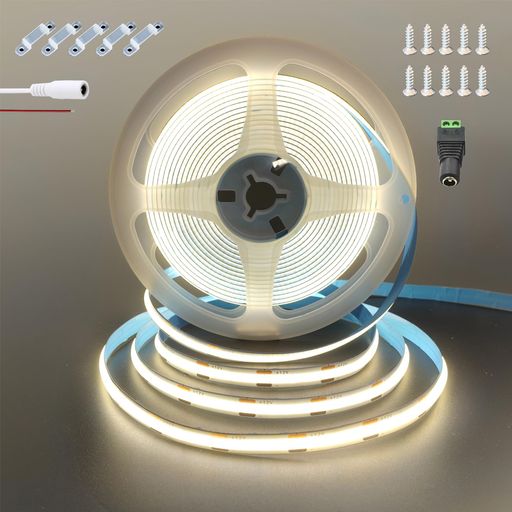 クリアヒル(Clearhill)COBLEDストリップライト(むき出しの配線付きストリップのみ)5Mナチュラルホワイト4000K12V黒赤線接続LED320個/M強力な光幅8mm非防水IP20180°発光CRI =90