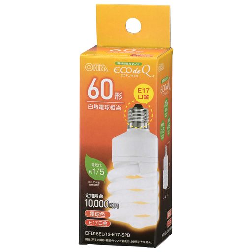 オーム電機電球形蛍光灯スパイラル形E1760形相当電球色エコデンキュウEFD15EL/12-E17SPB06-3774OHM