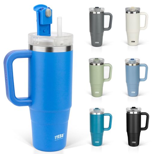 TYESOタンブラー1.2L水筒保冷ステンレスボトルウォーターボトルストロー取っ手付きジョッキアウトドア真空断熱二重構造広口大容量直飲女の子男の子1200mlブルー