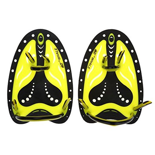水泳ハンド スイミングハンドパドル トレーニングパドル 初心者トレーニングパドル グローブ調節可能なストラップ付き トレーニング ペア (M-黄色い)