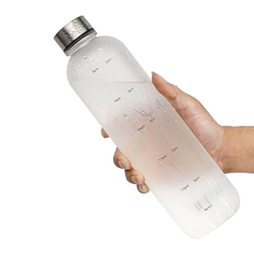 MYEEDA タイムマーカー付きウォーターボトル 水筒1リットル 1000ML ステンレス製の蓋 メモリ付き グラデーション つや消し HEALTHISH スポーツ ドリンク 水 1L おしゃれ アウトドア 定期的で健康的な水分摂取 (ホワイト)