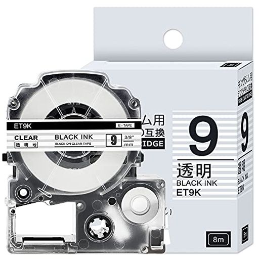 【テープセット】: テプラ テープ 透明 ST9K の互換品、1個セット。【汎用サイズ】: 9MM * 8M 。【色】: 透明地黒文字。 【ラベルライター対応機種】: SR-MK1ヘー、SR-MK1カー、SR-R680、SR370、SR170、SR150、SR-GL1、SR-GL2、SR970、SR950、SR750、SR670、SR550、SR330、SR5900P、SR5500P、SR3900P、SR3500P、SR250、SR45、SR-RK2、SR720、SR600、SR530、SR6700D、SR3700P、SR52、SR300、SR300RK、SR300TF、SR40、SR-RK1、SR818、SR828、SR900、SR910、SR920、SR930、SR606、SR707、SR515、SR717、SR616、SR626、SR636、SR737、SR535、SR710、SR510、SR610X、SR520、SR404、SR313、SR323、SR333、SR50、SR51、SR30、SR210、SR220、SR130、SR-PDP1、SR-PBW及びその他テプララベルライター機種。