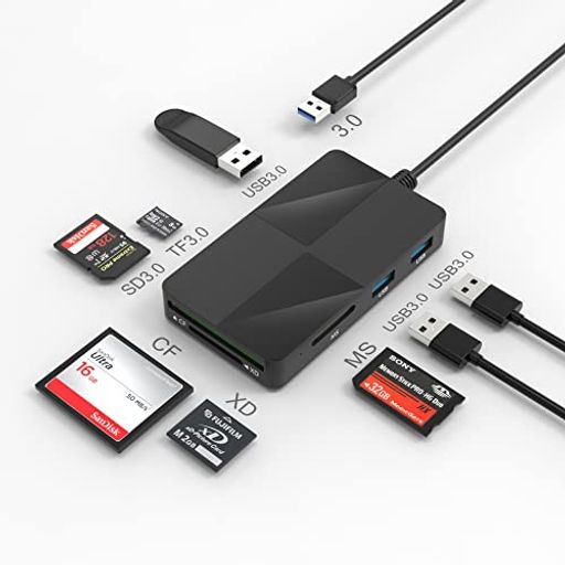 USB 3.0 メモリーカードリーダー,XD/SD/CF/MICRO SD/MS+3 USB 3.0, 8-IN-1 CFカードリーダー, サポート5枚のカードをに読み取るCF SD XD MS MICROSD互換MACOS WINDOWS LINUX