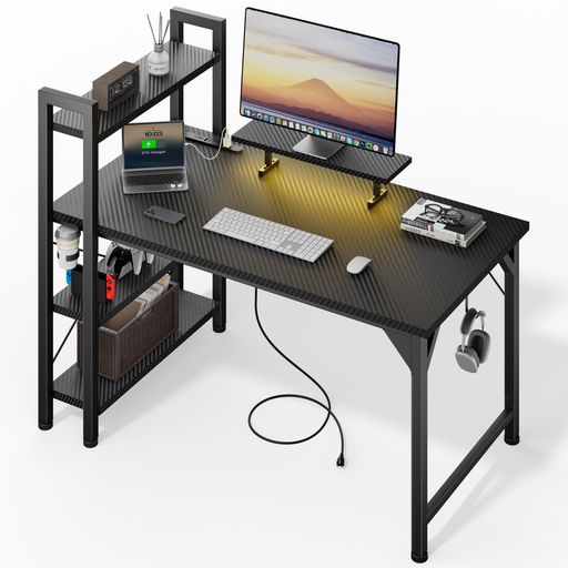 DOMICONゲーミングデスクコンセント付き幅107CM棚付き収納モニター台付きパソコンデスクpcデスクオフィ..