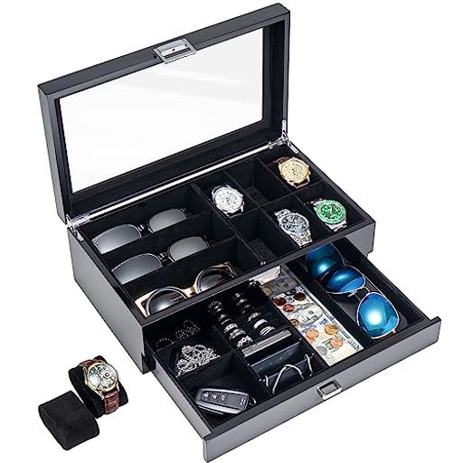 PROCASE 腕時計ケース 2段式 腕時計 メガネ 男性 アクセサリー ピアノ塗装 収納ボックス ガラス蓋 ディスプレイケース 小物整理 プレゼント(ブラック)