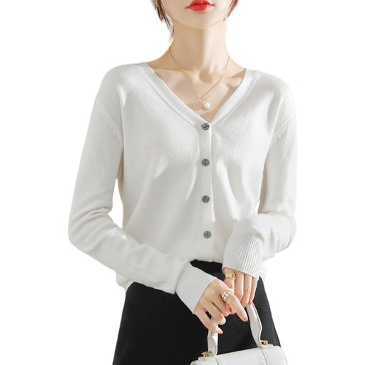 [xppe]レディースカーディガンVネック-ショートスタイルニットセーターレディーストップスラウンドネック女子羽織アウターゆったり無地長袖薄い暖かく保つオフィス学院風レトロ通勤通…
