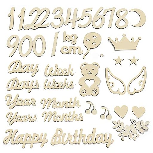 【セット内容】合計40枚セット、0*2枚、1*2枚、2*2枚、3~9各1枚、王冠*1枚、星*2枚、羽*2枚、ハート*2枚、花*1枚、熊*1枚、風船*1枚、点*1枚、斜線*1枚、サクランボ*2枚、kg、cm、happy、birthday、day、days、week、weeks、month、months、year、years各一枚、合計40枚、サイズ：写真欄にご参照ください。素材：ウッド、厚さ：約3.6mm 【生まれた赤ちゃんとの日々の思い出をおしゃれに記録！】お子様にとっても親御様にとっても大切な記念日、誕生日、入園日、入学日。。。その幸せな瞬間、毎日、毎月、毎年の成長していく姿を写真に残す際に、木のぬくもりで温かさとおしゃれさを添えることができます。 【プレゼントに】お食い初め、お宮参り、100日記念、誕生日や出産祝いのプレゼントにおすすめです。子供だけではなく、大人も是非ご利用ください。銀婚式や金婚式などの結婚記念日や、還暦祝いなどにもお使いしていただくことができ、様々なシーンで活躍します。重要な日をいい記憶作りましょう。