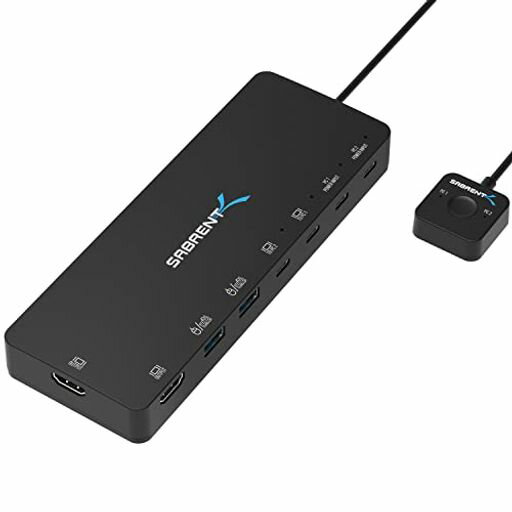 SABRENT USB TYPE-C KVM スイッチ、POWER DELIVERY対応、2ポート入力、5ポート出力、2つの電力供給60 WATTのUSB C、2