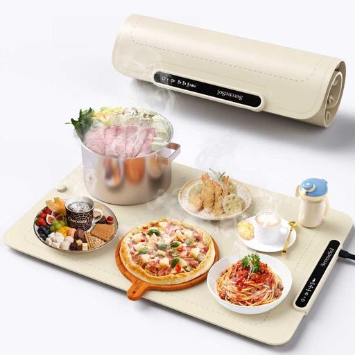 料理保温プレートフードウォーマープレート薄型3段階温度電気保温トレイ食品保温プレート卓上ヒーターシリコン丸めて収納温熱機保温機食品保温機(ベージュ)