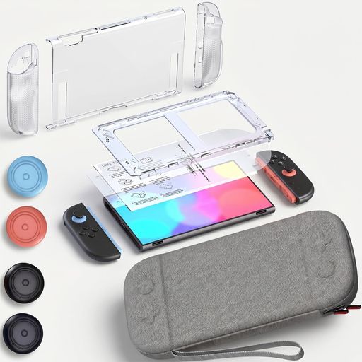 JHMei 【究極の7点セット】 Switch 2 用 収納ポーチ 保護ケース (TPU+PC) ガラスフィルム2枚 ガイド枠 ドック対応 全方位保護 グレー