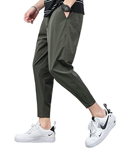 [foveitaa]接触冷感パンツメンズ9分丈夏ゆったりストレッチ薄手イージーパンツ大きいサイズアイスシルク清涼涼しい涼感通気性吸水速乾快適ボトムスズボンエアパンツgreen-M