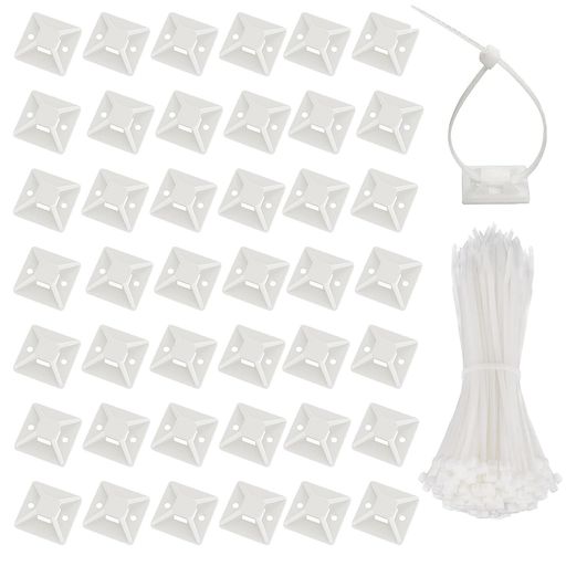 ケーブルタイマウントベースナイロン結束バンド50個セットホワイトナイロンケーブルストラップ強力粘着テープ付き配線固定具ケーブルコード収納整理耐熱耐候性18mmByViaky