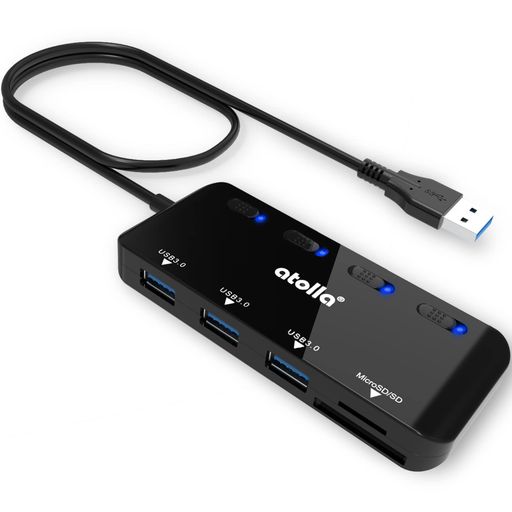 atollaSDカードリーダーUSB3.0USBハブ5-in-1USB3.0ポートx3+SD&TF/microSDカードリーダー同時読み書きUHS-Iカード用電源スイッチ付き60cmケーブルUSBSD変換アダプタ