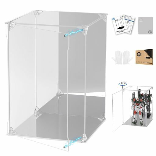 KUKERフィギュアケースアクリルケースUVカット台座ミラー背面ミラーマグネット付き前扉コレクションケースディスプレイケースショーケース組み立て式汚れ防止手袋クリーニングクロス…