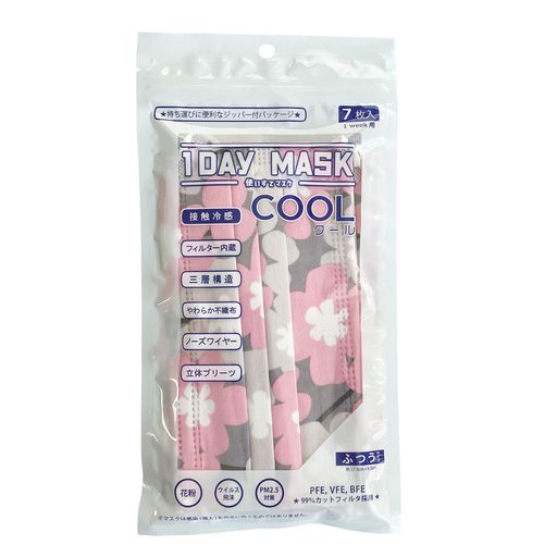 1DAYMASKCOOLふつうサイズFLOWER-GY/PK1袋7枚入2袋セット冷感不織布マスク柄マスク