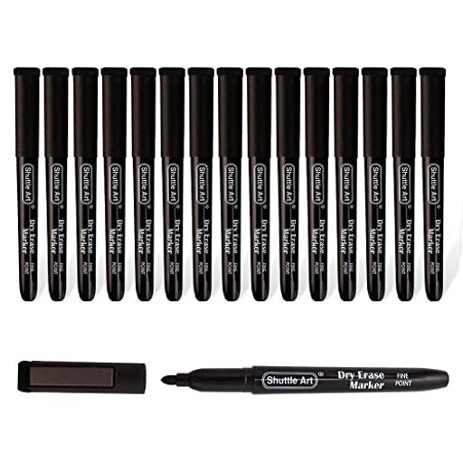 ShuttleArtホワイトボードマーカー消せるマーカーペン黒15本セット磁気マグネットイレーザー付ブラック..