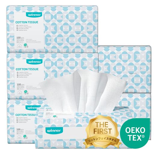 100%コットン、天然成分、OEKO-TEX認証持ち、臭いなし;使い捨て、刺激性なし 【衛生的で柔らかい使い捨てフェイスタオル】Winnerクレンジングタオルはお肌に優しい100%天然の綿繊維を使用、柔らかくて繊維の毛羽立ちもありません。香料や化学物質を含まない天然綿、また100%生分解性でお肌にも環境にも優しいです。 【乾湿両用&amp;多様な用途】100%コットン ふきとり用のクレンジングタオルは柔軟性・吸水性・保水性に優れていますので、乾いたままでも、湿らせても使用出来ます。洗顔タオル、ウェットティッシュ、メイク落としシート、ティッシュペーパー、おしりふき、コットンパフ、手口拭き、お掃除など多目的にお使い頂けます。 【優れた強度・吸水性】100%天然の綿繊維から成る平滑で吸水性・強度に優れたクレンジングタオルです。布の丈夫さと紙の吸水性を兼ね備えています。布のように耐久性があるため、濡らしても絞れます。数回の拭き取り使用可能です。 【衛生的・エコ・ソフト・丈夫】使い捨てフェイスタオルは毎回新品の状態で使用できるため衛生的!平滑面の仕様は拭き取る際の摩擦を減らして、肌が赤くなるのを防ぎます。