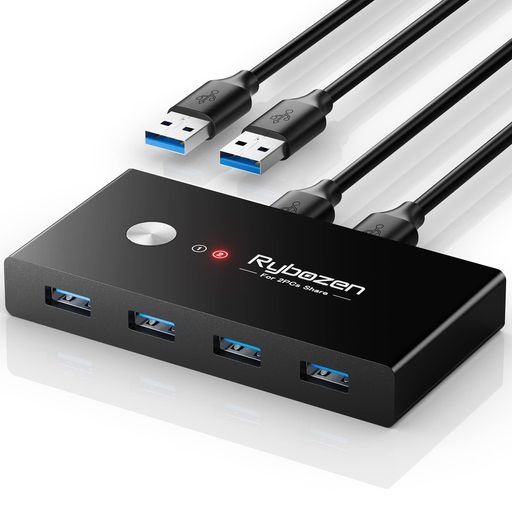 USB3.0 切替器 5Gbps高速転送 切り替え器 2台PCで4ポート共有 切替機で プリンタ・マウス・キーボード対応 ワンボタン切り替え 3.0ケーブル2本付き (パソコン2:USB機器4)