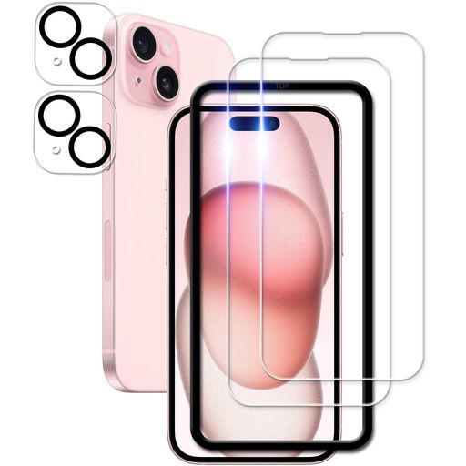 KPNS日本素材製強化ガラスiPhone15用ガラスフィルムアイフォン15カメラフィルムカバーいphone15保護フィルム【2+2枚セット】ガイド枠付き