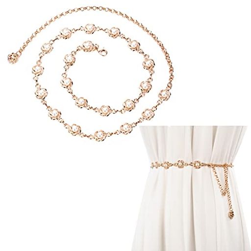 [ZHEJIA]チェーンベルト花パールウエストベルトレディースベルトチェーンサッシュベルト花真珠腰部飾り..