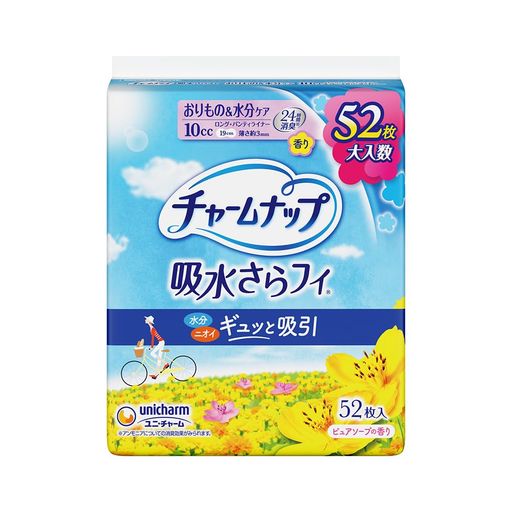 パンティライナータイプで水分・ニオイまでギュッと吸引 瞬間さらっと吸収体で瞬間吸収。お肌さらさら。 気になるニオイをダイレクトキャッチ※1して24時間ずっと消臭。 ※1 ポリマーとシクロデキストリンによる消臭効果。 さらに、消臭ポリマー※2で水分もニオイもしっかり吸収。嫌なにおいを閉じ込めながら、パウダーの香りを放ちます。 ※2 ポリマーによるアンモニアに対する消臭効果。 19cmロングライナーで安心。 快適の薄さ約3mmで下着にフィット。 通気性シート採用でムレずにサラッと快適。 ピュアソープの香り。