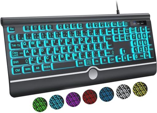 BERGUF大きめの文字のバックライト付きキーボード、静かなUSB有線コンピューターキーボード、光るホワイトLED付きフルサイズキーボードWindowsデスクトップ、ノートパソコン、PC、ゲームに…