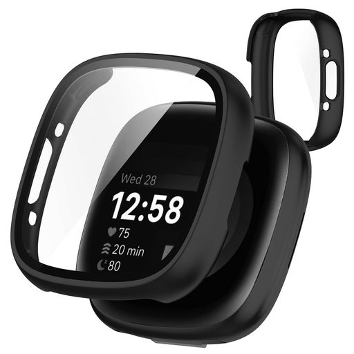 TOORQRFORFITBITSENSE2/VERSA4ケースFITBITSENSE2/VERSA4カバーPC素材カバーガラスフィルム一体型全面保護耐衝撃軽量指紋防止傷防止キズ防止防塵日本旭硝子材-ブラック