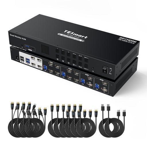 TESmart 4入力4出力 KVMスイッチ HDMI+DisplayPort USB3.0 KVM切替器 4モニター4PC 4K@60Hz HDMI DP 切り替え器 4ポート出力 MST機能 ヘットセットポート EDID機能 ホットキースイッチ