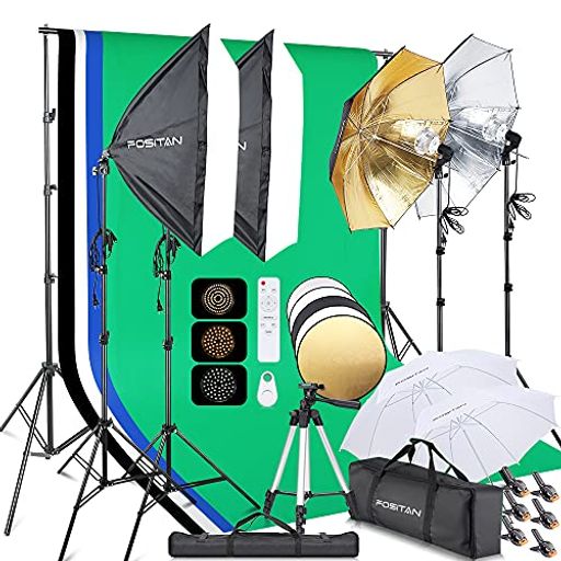 【2023 LED FOSITAN プロな写真撮影用照明 ソフトボックス 写真照明 95W電球×4 5500K 4色の1.6MX3M背景布(白、黒、緑、青) 撮影セット ..