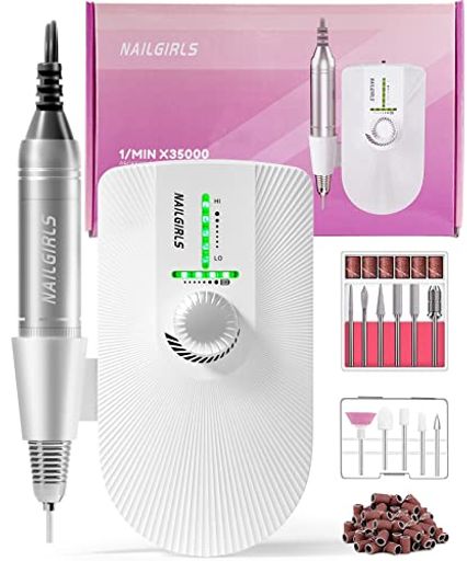 NAILGIRLS 電動ネイルマシン 充電式 35000 RPM ジェルネイル オフ 電動 11個のビット キット ネイルケア プロ用 爪切り 爪磨き 甘皮処理 正逆回転 低振動 無段階変速 自宅サロン用