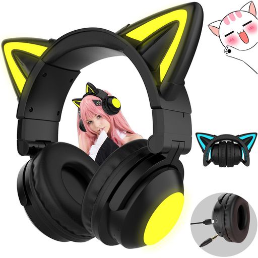 LYTDMSKY猫耳ヘッドホンゲーミングヘッドセットワイヤレスヘッドホンBLUETOOTH5.0猫耳イヤホン可愛い有線無線両用3.5MM伸縮式折り畳み式マイク内蔵7色LEDライト自由変換USBポート搭載ノイズキ…
