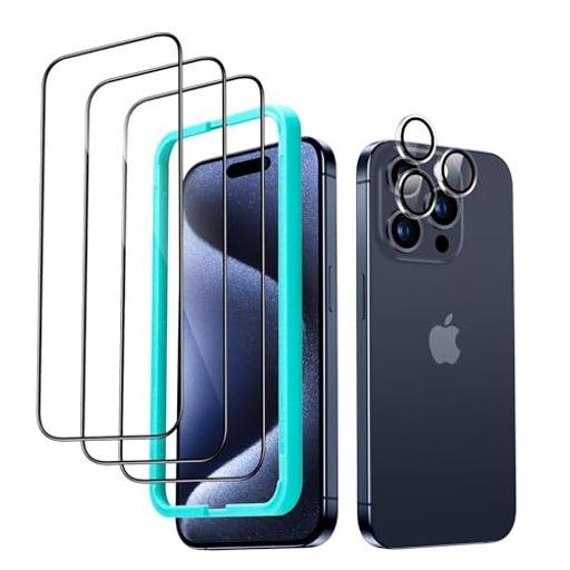 ESR FOR IPHONE 15 PRO 保護フィルムセット強化ガラス保護フィルム 3 枚 独立型レンズフィルム 1セット 2.5Dカーブエッジ フルカバー 米軍MIL規格の保護 傷に強い