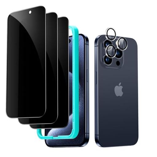 ESR FOR IPHONE 15 PRO プライバシー保護フィルムセット 覗き見防止 強化ガラスプライバシー保護フィルム マイクロカーブエッジ、ケースに優しい 独立型カメラレンズプロテクター1セット付き3枚入り