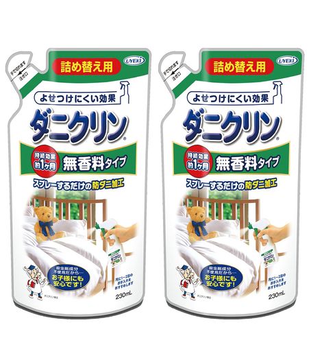 日本アトピー協会の推薦品、肌への刺激の少ないダニが嫌がる成分を使用、ダニを寄せ付けない効果が約1か月続きます。 ダニの嫌がる成分でダニを寄せ付けない効果1か月。 肌への刺激が少なく、お子様やペットに 無香料タイプ。詰め替え用。 【内容量】230mlx2個 【原産国】日本