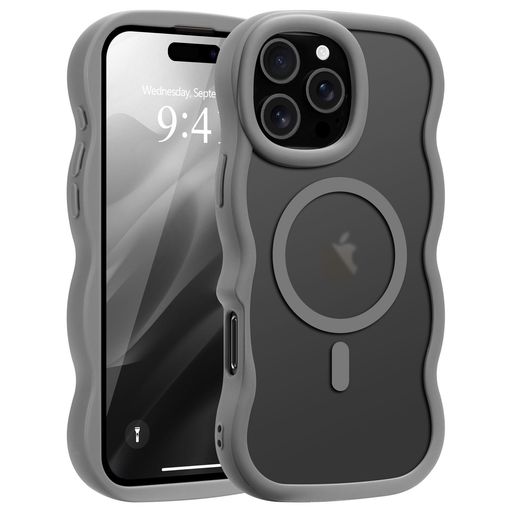 PepmuneiPhone16ProMax用ケースMagSafe対応ウェーブ半透明滑り止めおしゃれ可愛い韓国耐衝撃指紋防止ワイヤレス充電スマホケースストラップホール付き(グレー)