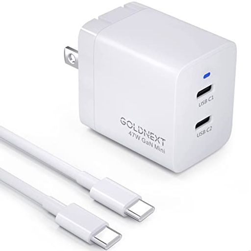 GOLDNEXT 47W 急速充電器 2ポート(USB-C*2) PSE技術基準適合 PD3.0 QC3.0 PPS規格対応 GAN III 窒化ガリウム ケーブル付き IPHONE14 13 PRO MAX MACBOOK PRO AIR IPAD