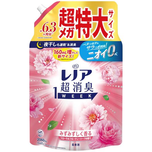 ソフトニング 新しくなったレノア超消臭1weekは、汗をかいた時のニオイはもちろん、ベタつきまで防げるようになりました(*1)。冬に気になる、保温インナーの汗のニオイ。汗をかいてもさらっと吸収して速乾(*1)。しかも、何度汗をかいてもニオイ0へ(*2) *1 自社他柔軟剤と比較。 *2 柔軟剤未使用と比較。すべてのニオイを0にするわけではありません。 レノア超消臭1WEEKは、80%以上の消費者が実感した、1週間ずーっと続く消臭力(*1)。 かけっぱなしの洗面所のタオルや、ニオイが気になるけれど毎日は洗えない、シーツや枕カバーまで、1週間ずーっと爽やか(*1)。 *1 保管状態で レノアの消臭系柔軟剤は、みなさんのお洗濯のニオイ問題やお悩みを解決すべく、無臭化テクノロジーや1週間(*1)ずーっと続く消臭技術など、消臭効果に関する研究を重ねて来ました。おかげさまで、防臭タイプ柔軟剤の中で売上No.1。 *1 保管状態で レノアなら、夜干しでも速乾(*1)&amp;消臭。消臭成分が浸透、夜の間にじっくり消臭するから、夜干しなのに、天日干し以上のさわやかさに。 *1 綿のタオルで検証。 選べる6種類の香り。