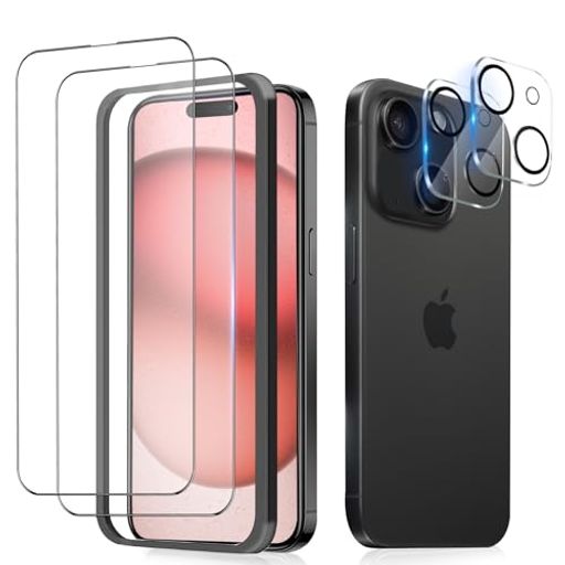 IPHONE15 ガラスフィルム 全面保護 (2枚) + IPHONE 15 カメラフィルム (2枚) アイフォン15 保護フィルム IPHONE 15 強化ガラス 液晶保護 フィルム【 高透過率 /ガイド枠付き/硬度9H/耐衝撃】