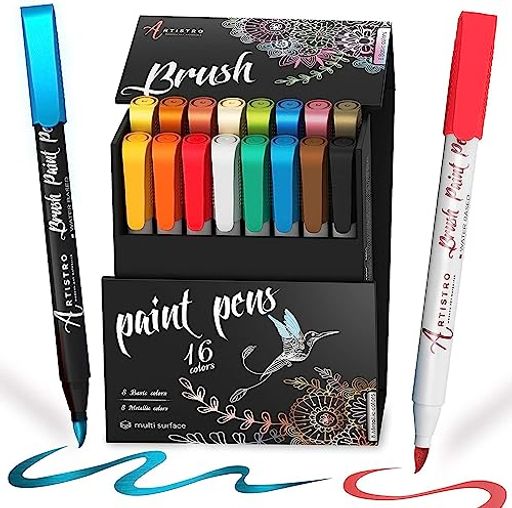 ACRYLIC PAINT PENS BRUSH TIP アクリル ペイントペン ブラシチップ メタリック8本&ベーシックカラー8本 ペイントアート マーカー セット カリグラフィ筆ペン スクラップブック ブラシレタリング カードメイキング スケッチ