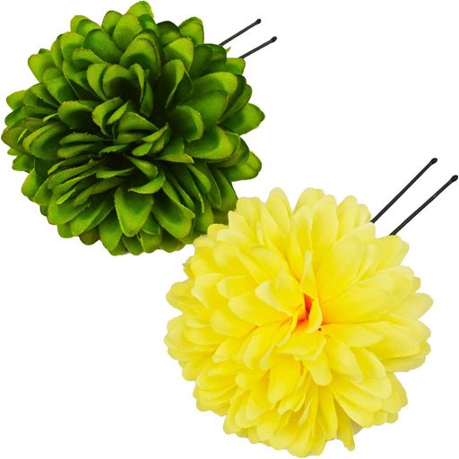 【かんざストア】髪飾り手作りUピン振袖袴浴衣着物髪留め簪キュート花髪飾りファードレス結婚式卒業式成人式花に蕾2点セットプレゼントに(グリーン&イエロー)