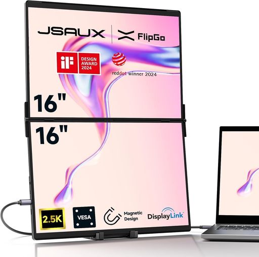 JSAUXポータブルモニタFlipGoPro16インチ2.5Kデュアルモニタノートパソコン用スクリーンエクステンダ、IPS