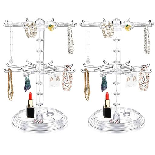 2段·回転式ジュエリースタンドアクセサリースタンド回転キーホルダー収納ネックレスイヤリングブレスレット時計用(クリア)