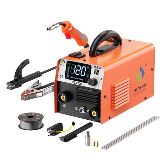 HITBOX HBM200 半自動溶接機 100V 200V兼用 1台3役 アーク溶接機 小型 家庭用溶接機 最大出力200A 薄板と板厚対応 ノンガスMIG/被覆アークMMA/LIFT TIG 溶接 定格使用率40% インバーター 溶接ワイヤー付き