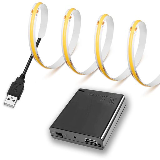 【Rye】LEDストリップライト電池ボックス付きDC5VCOBテープライトスーツフレキシブル高密度LEDキャビネットライト1m320LEDs/m電球色3000K180°発光CRI =90両面テープ変形可能切断可能寝室