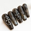 Sun&BeamNails手作りネイルチップミディアムロングバレリーナ緑グリーン蝶花人気3Dおしゃれ可愛いデザインつけ爪付け爪収納ボックス付き10枚入(M#03十字架・黒)